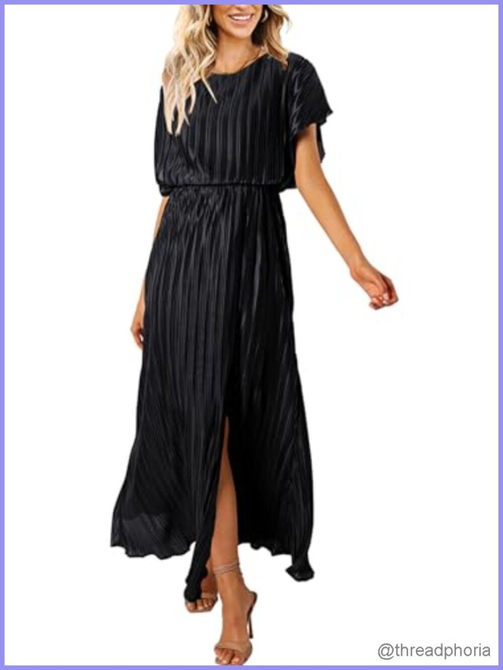 Women Maxi Dress Pleated Short Sleeve Slit Formal Cocktail Wedding Guest